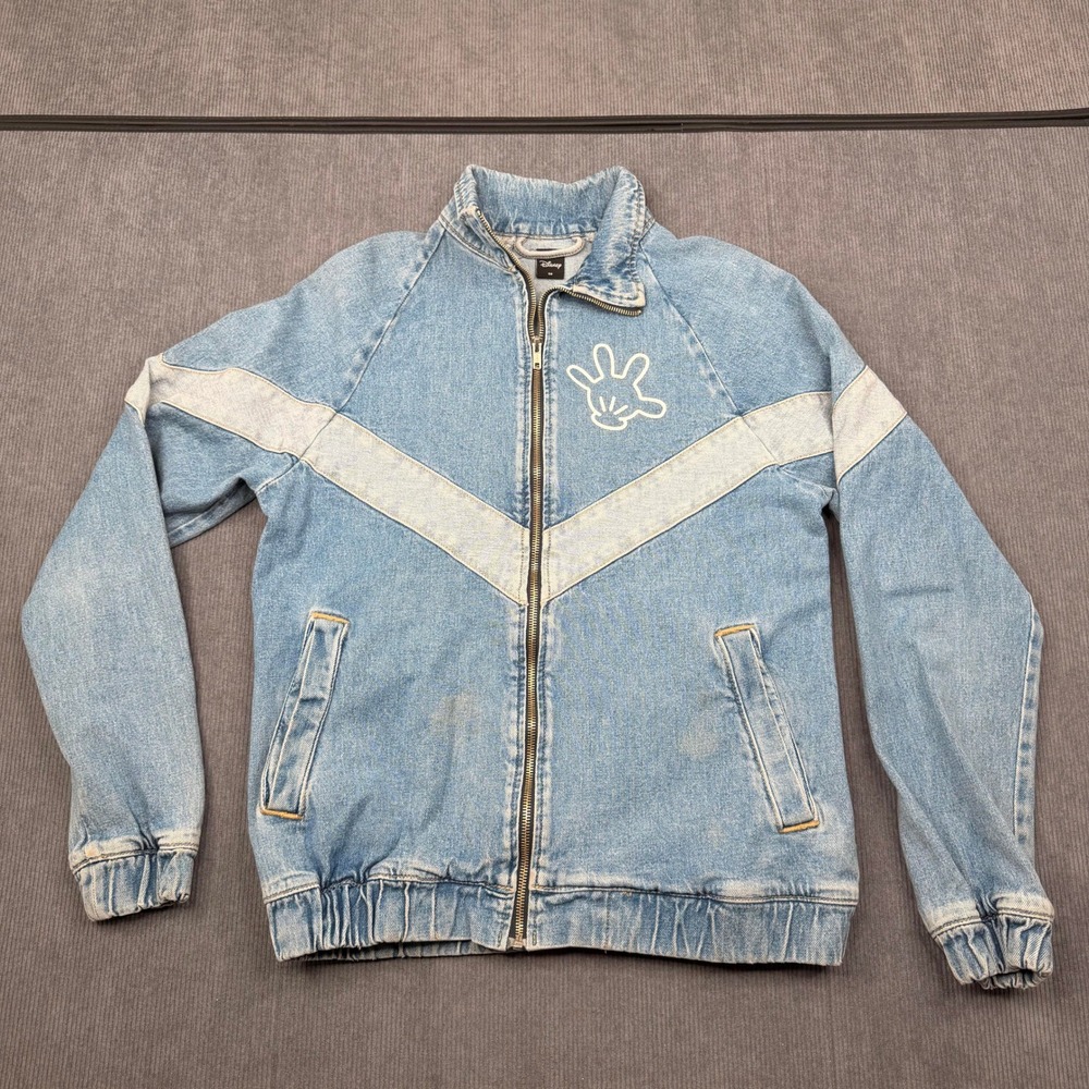 Disney Mickey Mouse Denim Y2k Bomber Jacket Light Wash Zip Up Blue Small